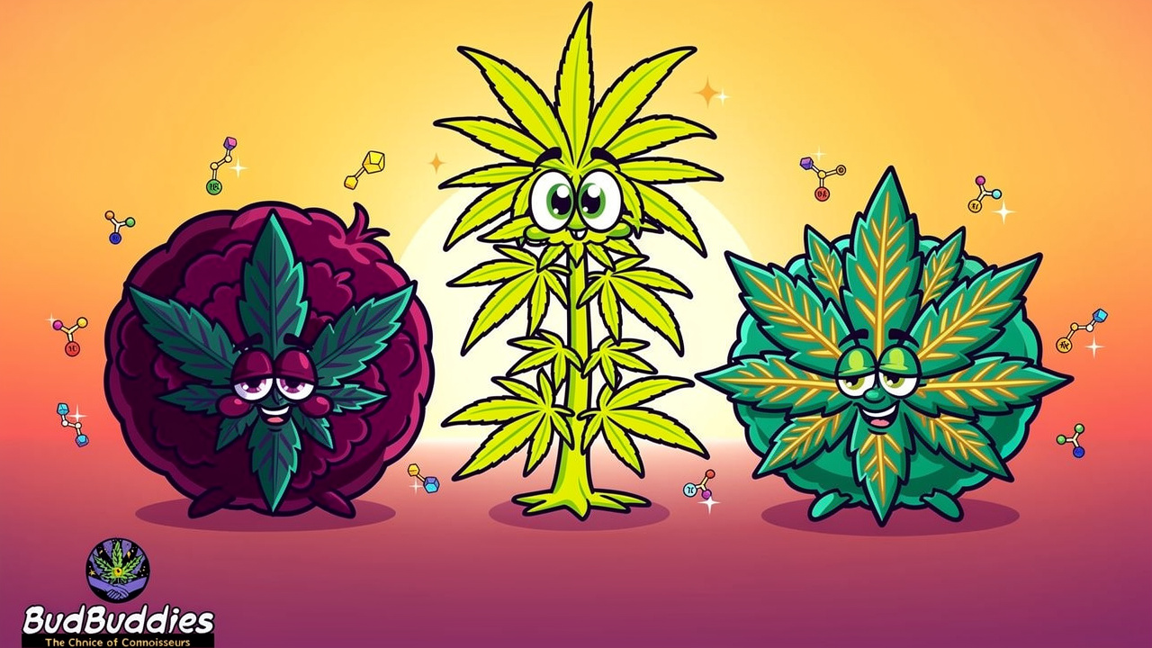 Cartoon indica sativa and hybrid cannabis plant characters compared