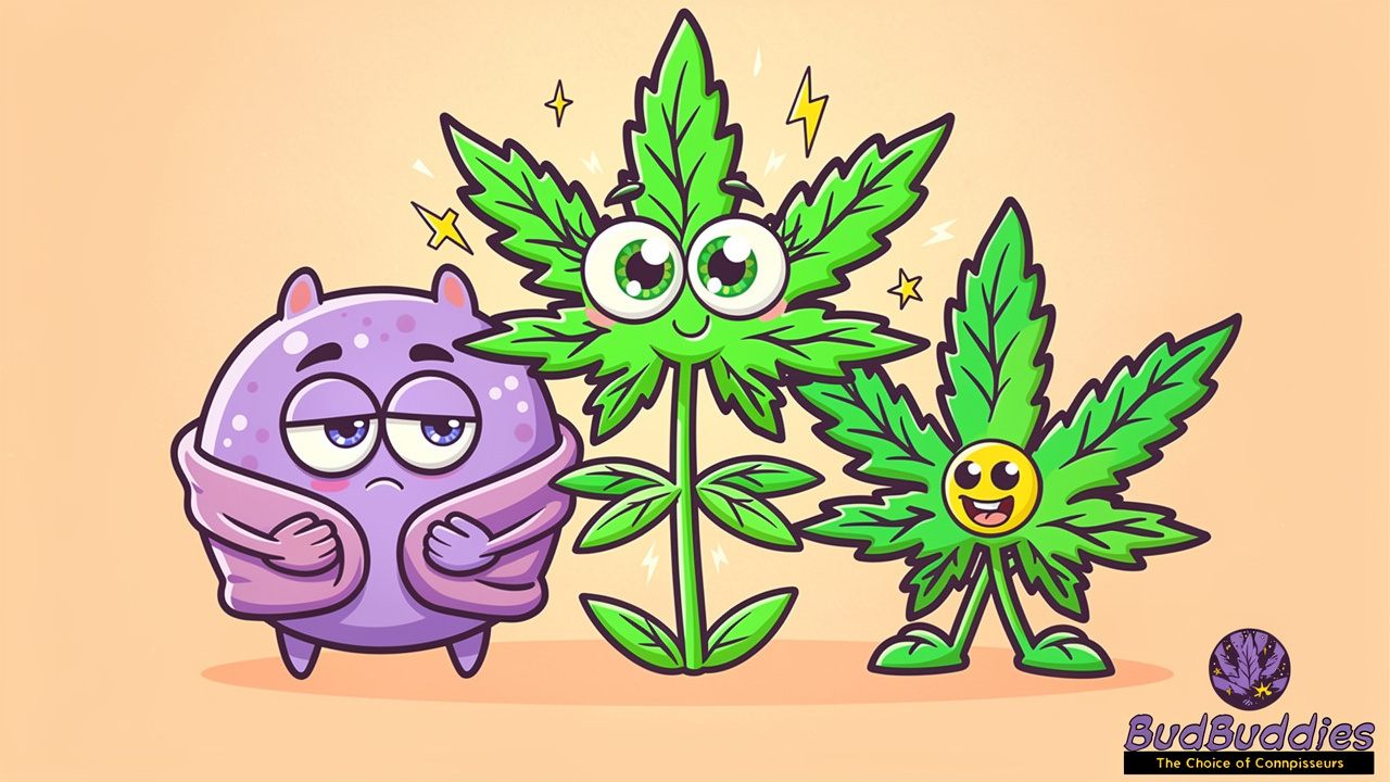 Cartoon comparison of indica sativa and hybrid cannabis strains