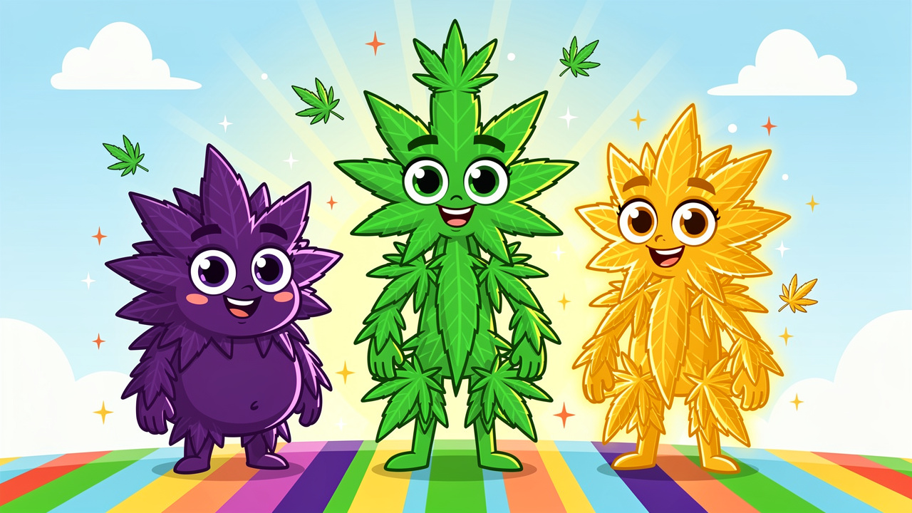 Cartoon indica, sativa, and hybrid cannabis plant characters