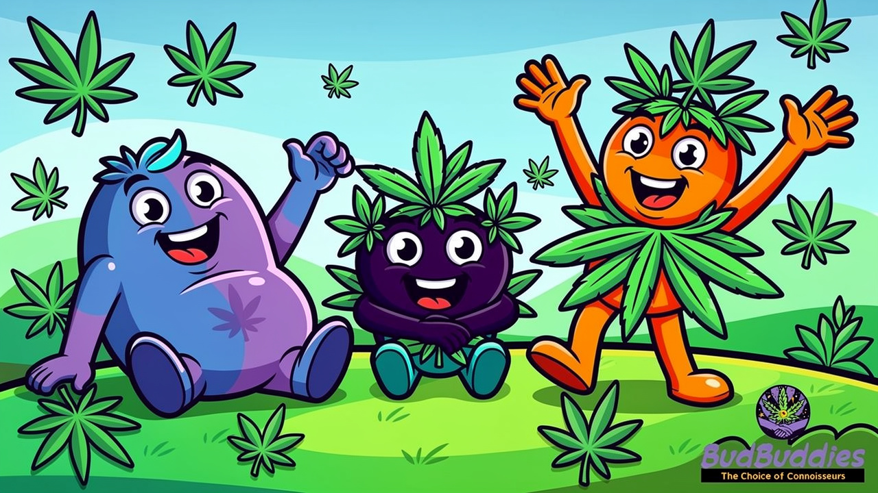 Three friendly cartoon characters representing Indica, Sativa, and Hybrid cannabis strain types