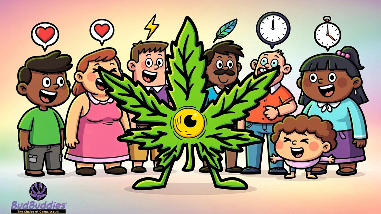 Cartoon group showing varied reactions to cannabis