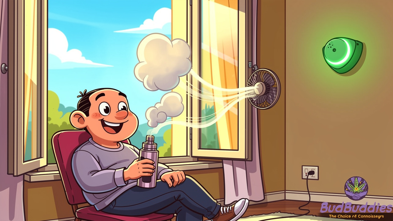 Friendly cartoon character vaping safely near an open window