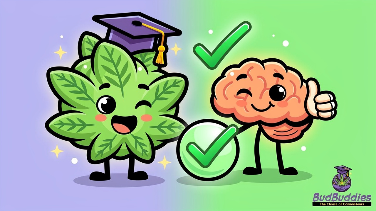 Cartoon cannabis and brain characters celebrating informed mindful choices