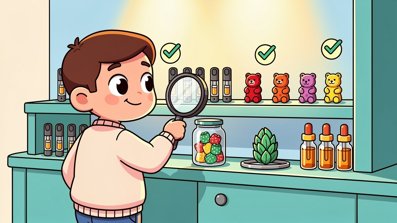 Cartoon character making informed cannabis product choices safely