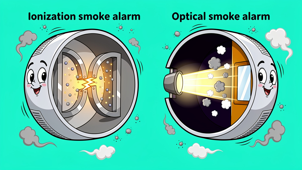 Cartoon diagram of ionisation and optical smoke alarms