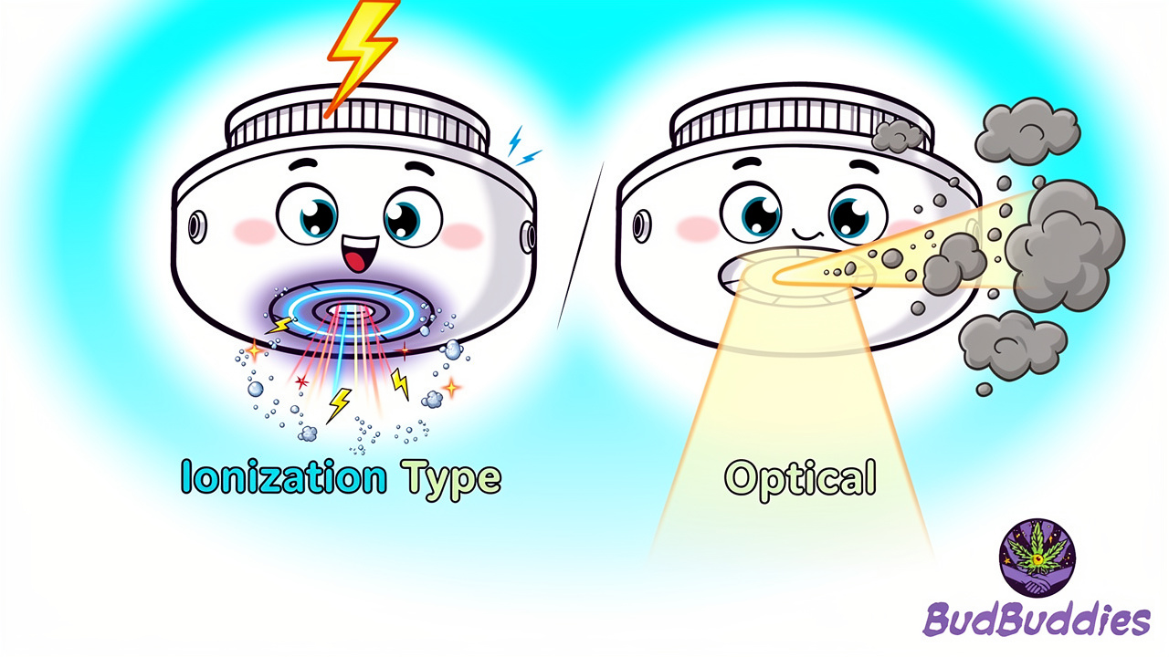 Cartoon diagram of ionisation and optical smoke alarms