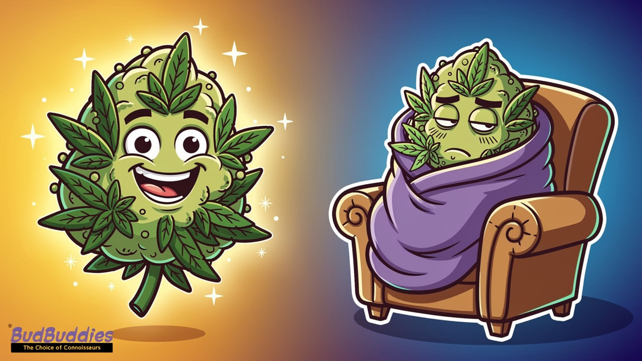 Cartoon showing Jealousy strain uplifting then relaxing effects