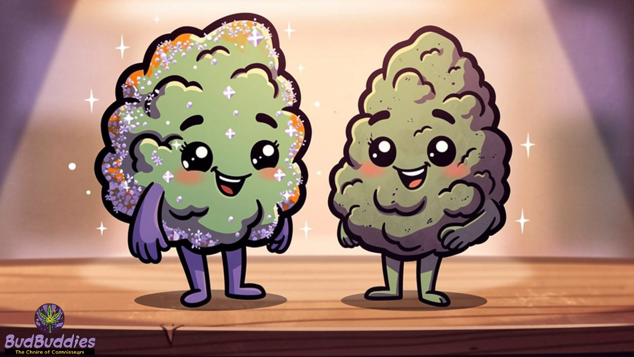 Cartoon buds showing Jealousy strain genetic quality traits