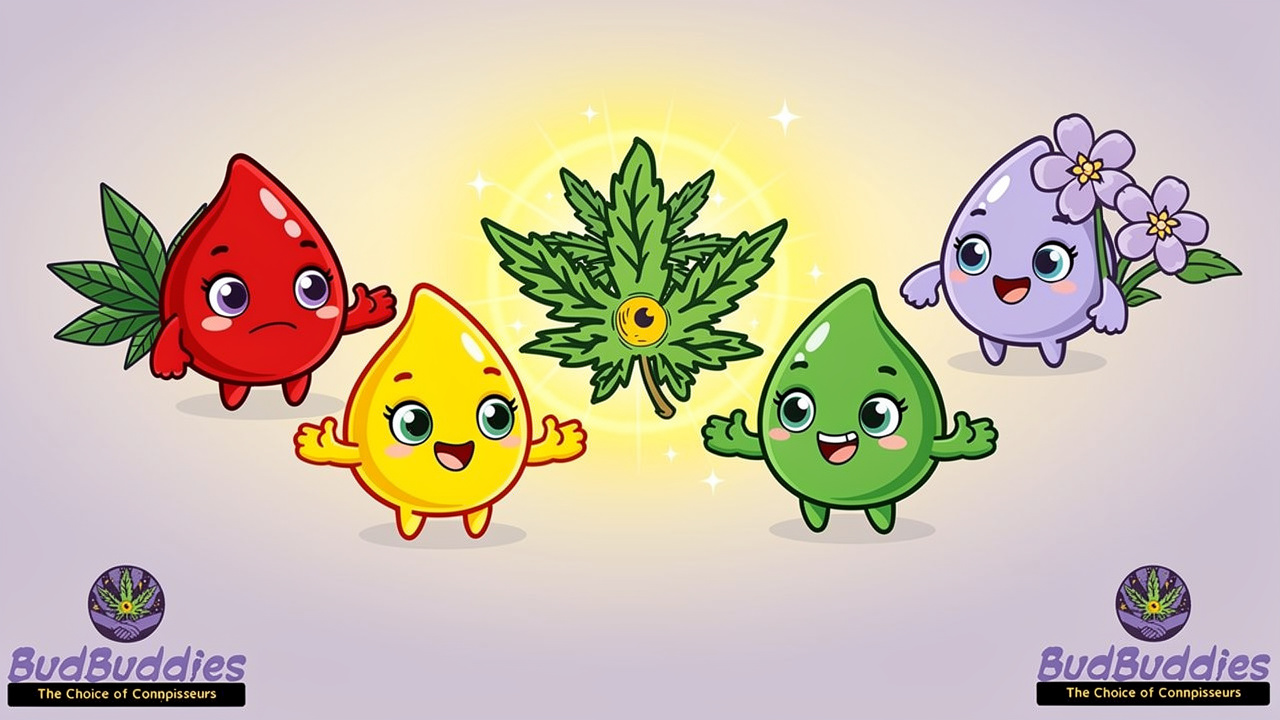 Cartoon terpene characters representing Jealousy strain profile