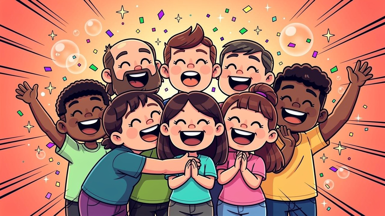 Cartoon group of joyful friends celebrating together with laughter