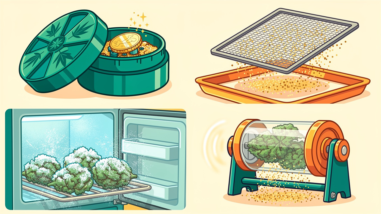 Cartoon illustration of different kief collection methods including grinder and sieve