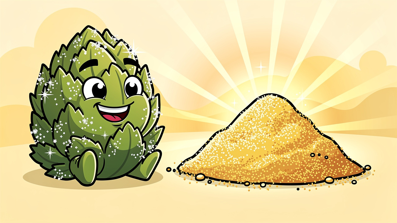 Cartoon showing cannabis bud alongside a glowing pile of potent kief