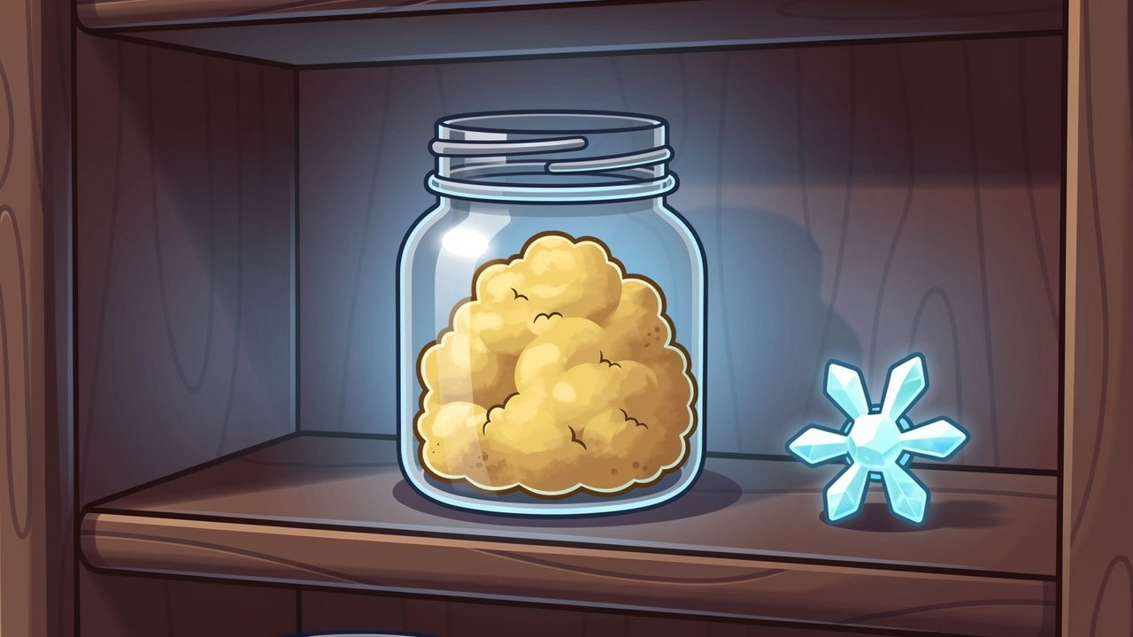 Cartoon glass jar storing fresh golden kief in a cool dark cupboard