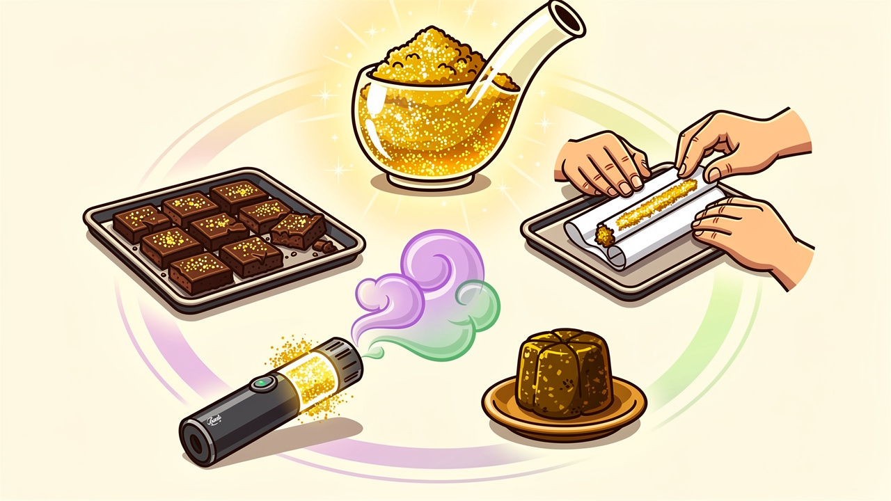 Cartoon showing five ways to use kief including joints, vaping and edibles