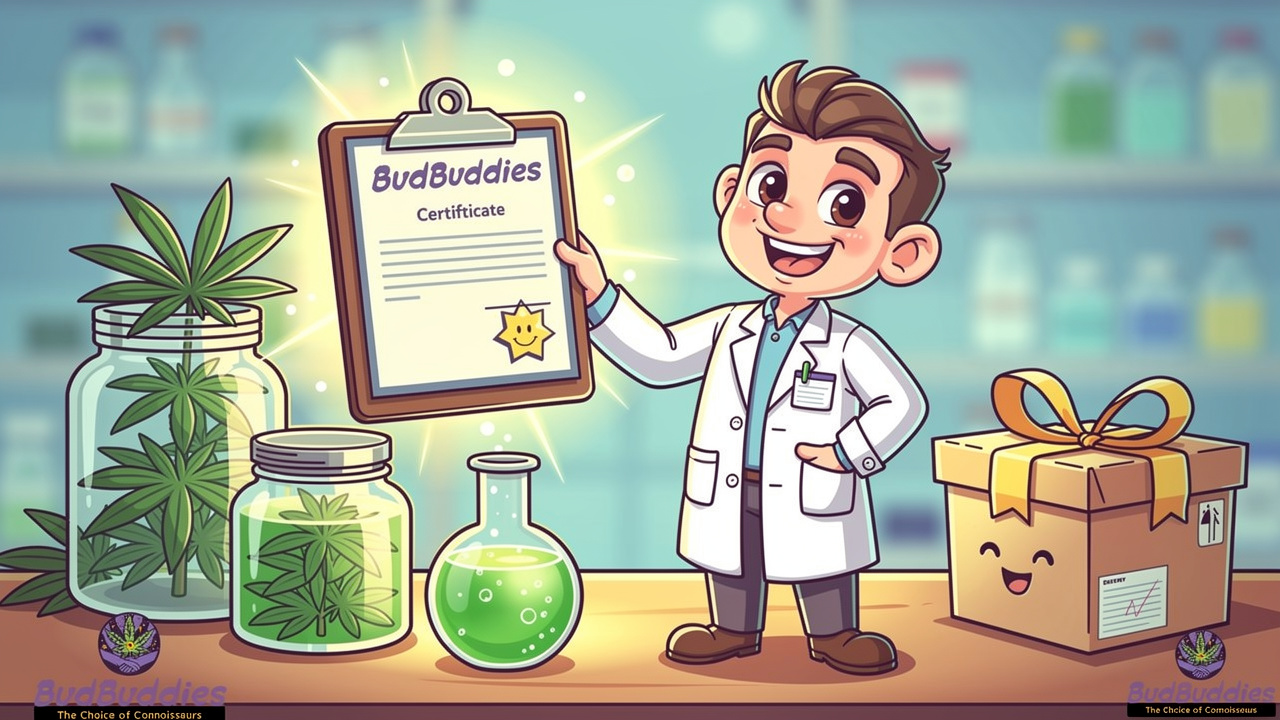 Cartoon scientist with lab-tested cannabis certificate of analysis