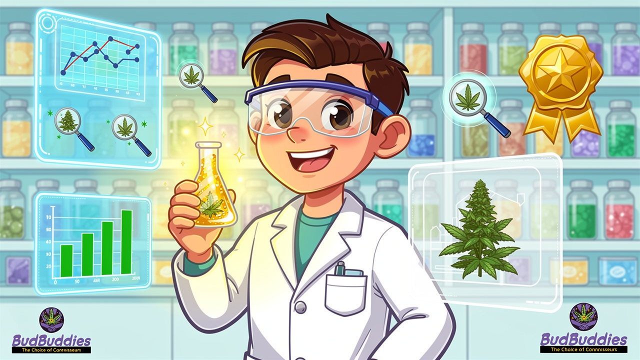 Cartoon lab technician testing cannabis with certificate of analysis