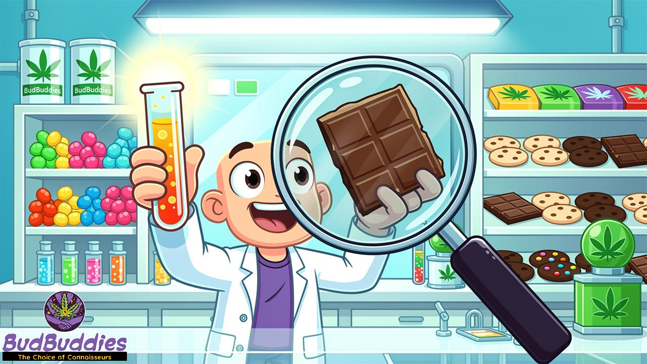 Cartoon lab scientist checking quality of cannabis edibles