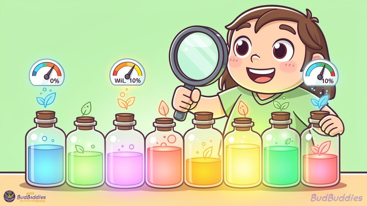 Cartoon character inspecting lab-tested cannabis product bottles