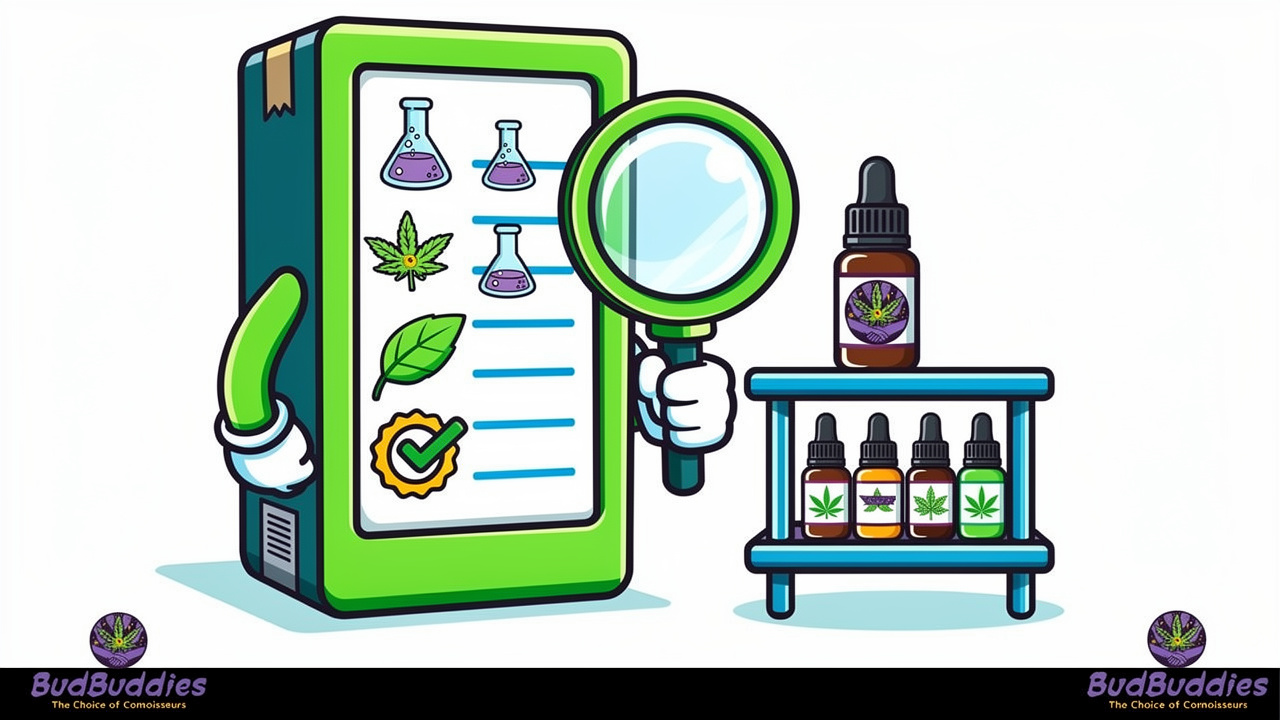 Cartoon illustration of lab-tested cannabis product quality checks
