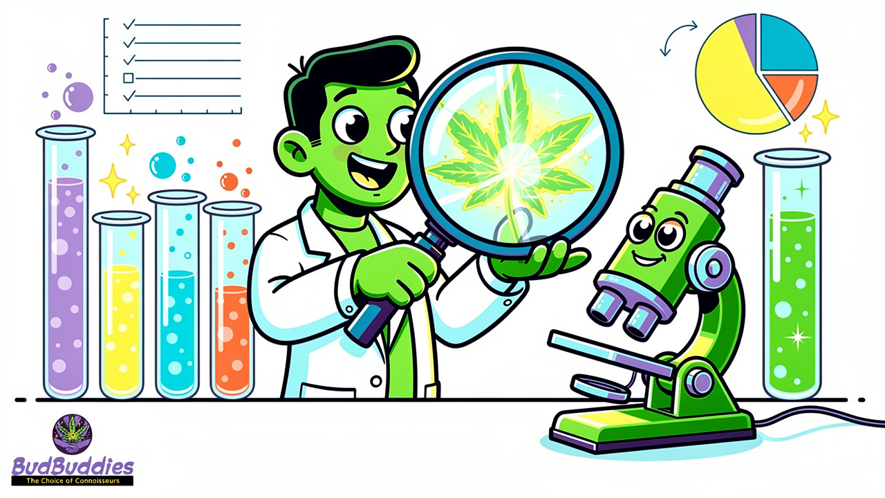 Friendly cartoon scientist testing cannabis in a bright laboratory