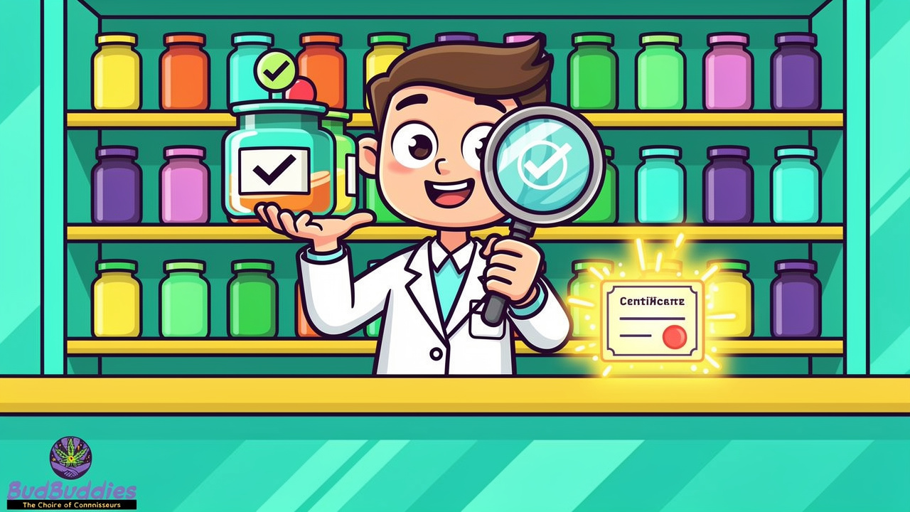 Cartoon pharmacist checking lab-tested cannabis product
