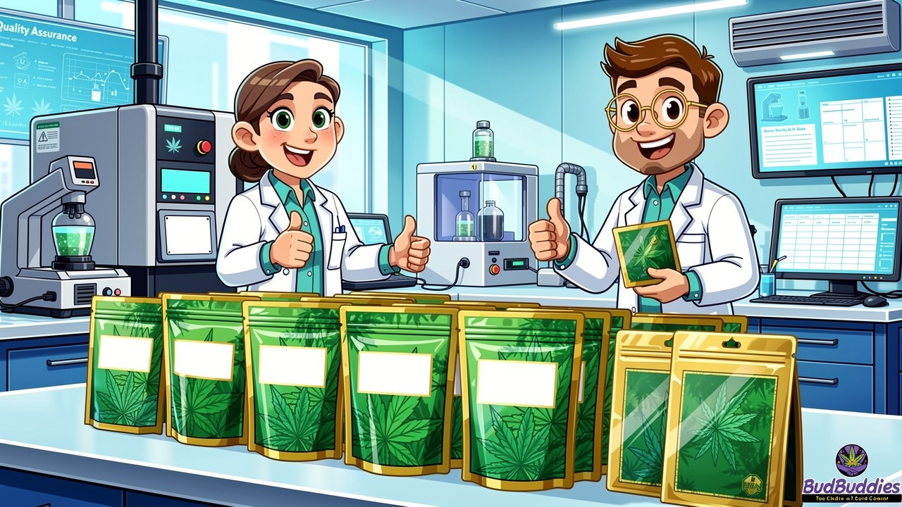 Cartoon illustration of lab-tested cannabis products with quality assurance verification