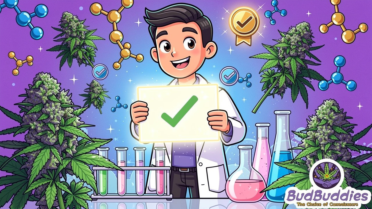 Cartoon lab technician with cannabis quality test results