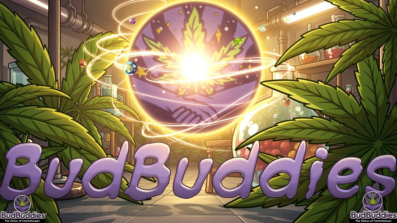 Cartoon laboratory scene testing cannabis flower quality