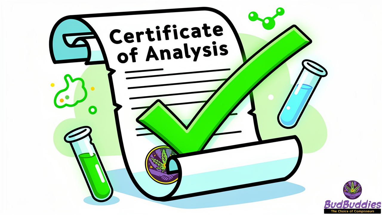 Cartoon Certificate of Analysis with lab testing symbols