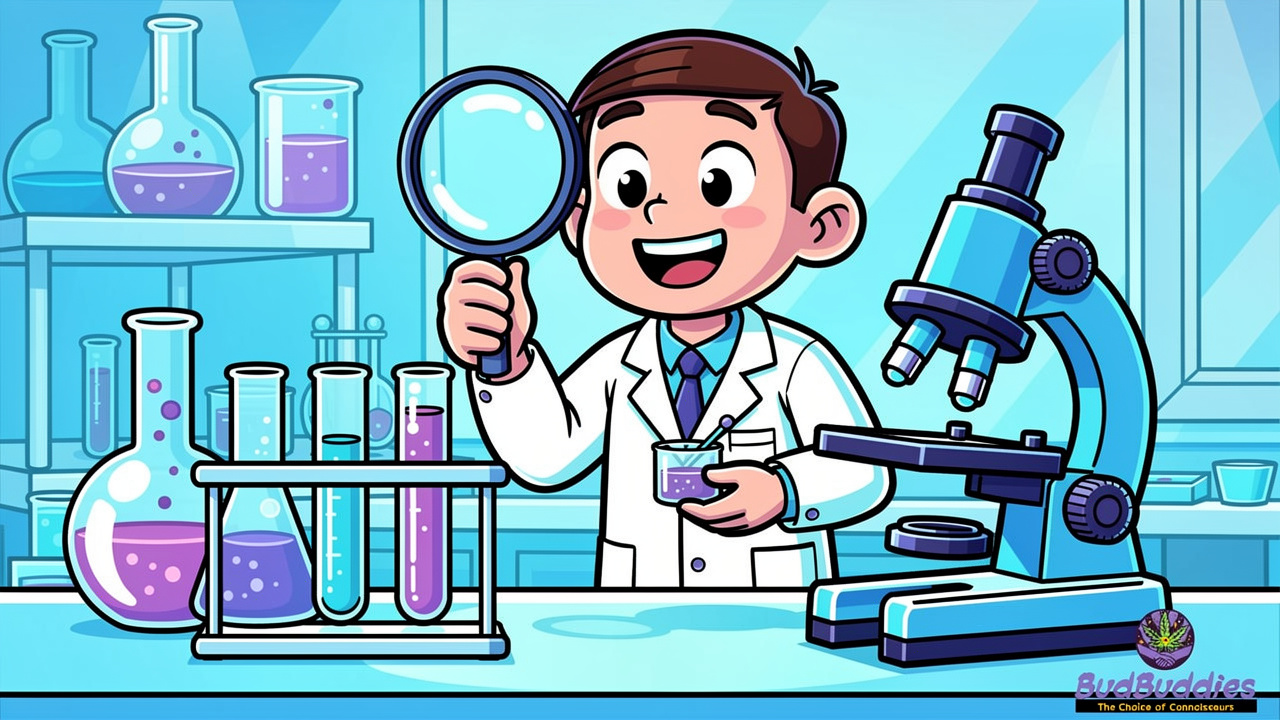 Cartoon scientist testing cannabis quality in bright laboratory