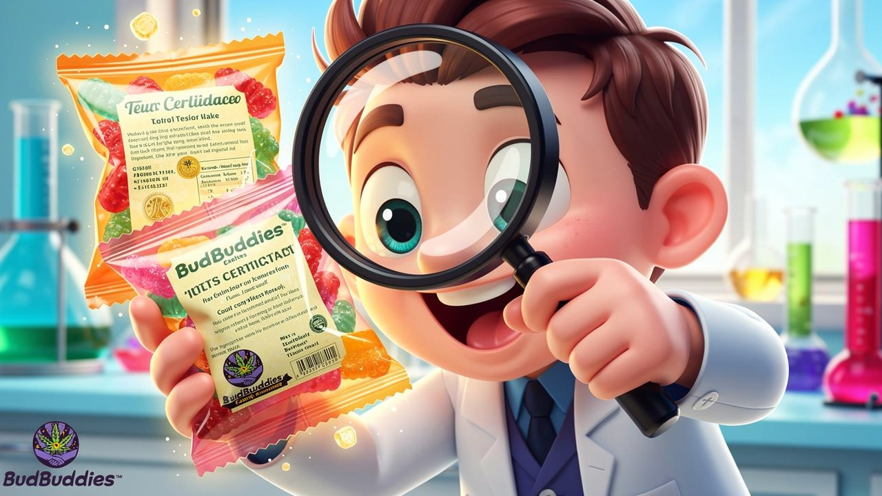 Cartoon character examining edibles for lab testing and quality