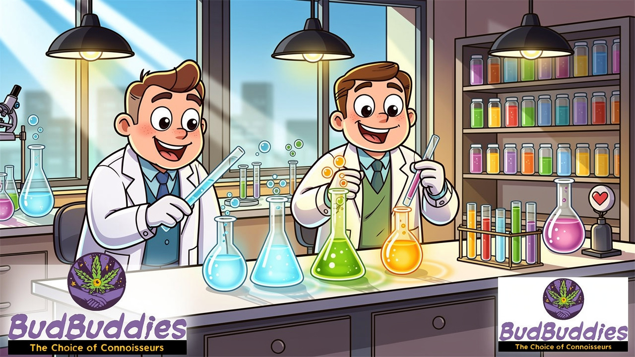 Animated characters performing cannabis quality testing in a bright laboratory setting