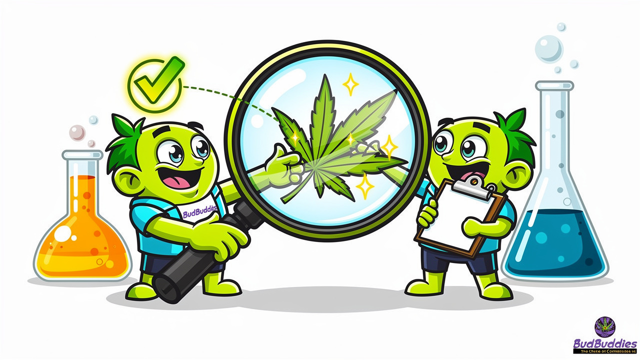 Cartoon characters examining cannabis quality and lab testing in the UK