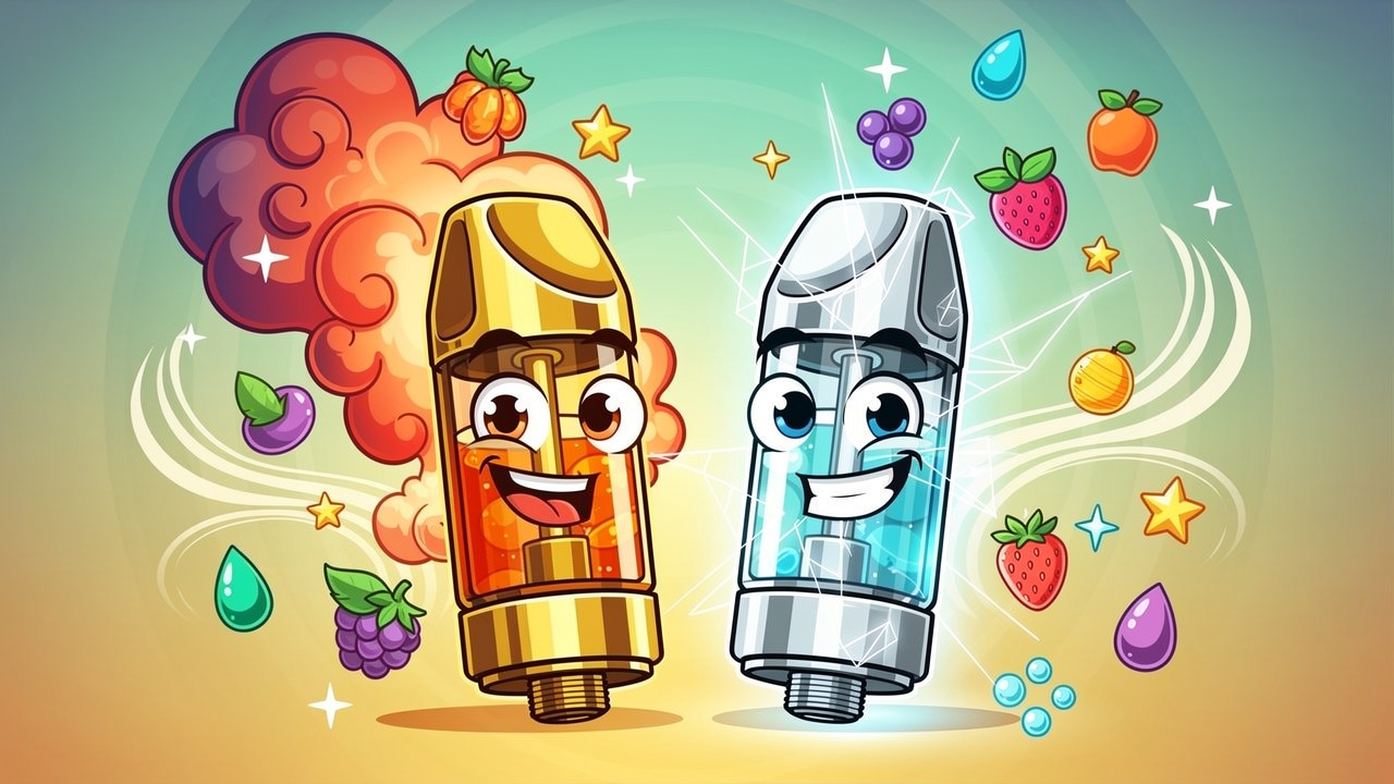 Cartoon vape cartridges comparing live resin and distillate side by side