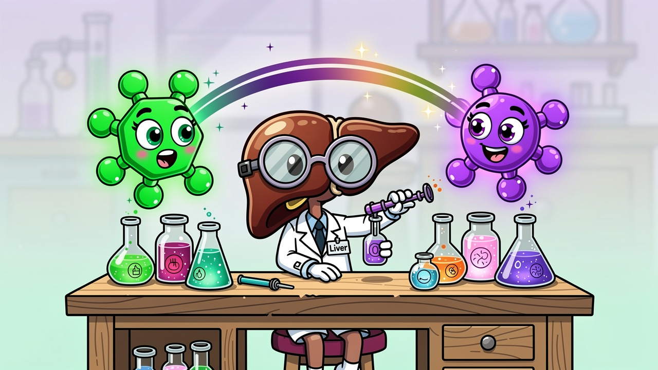 Cartoon liver character converting THC into 11-hydroxy-THC