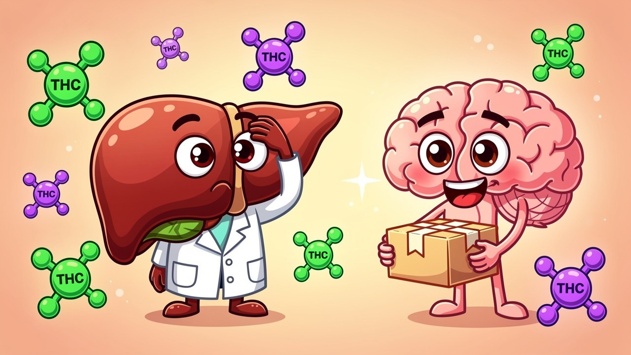 Cartoon liver processing THC for the brain