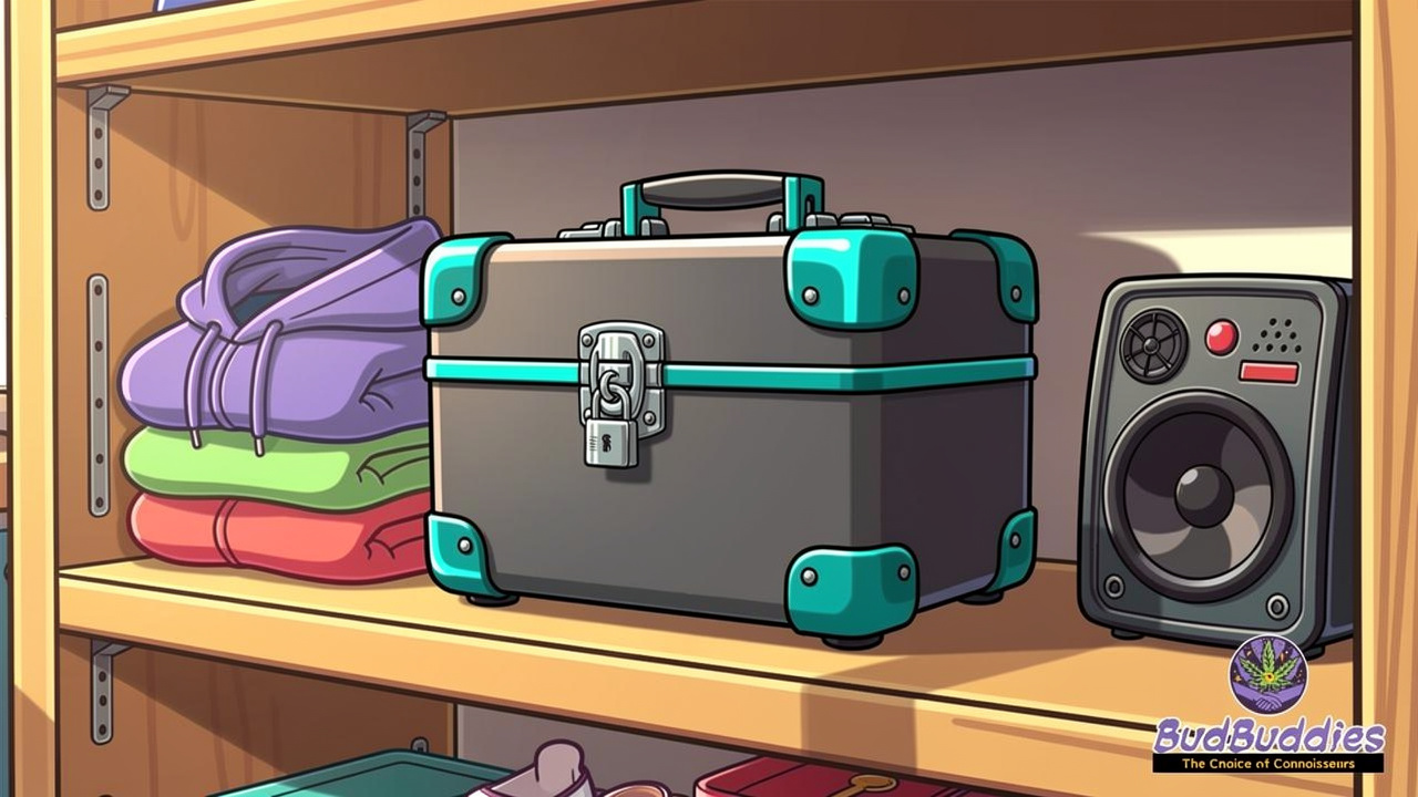 Lockable odour-proof stash box on wardrobe shelf