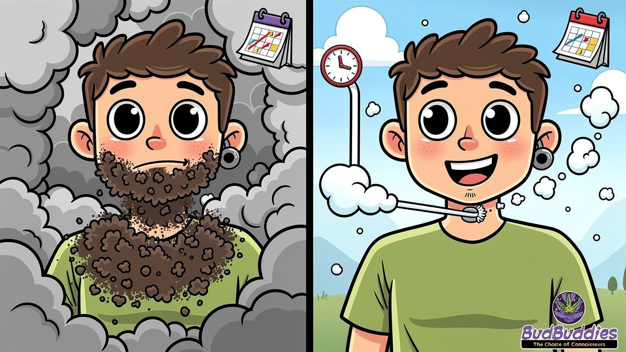 Cartoon timeline showing progressive lung health decline from smoking versus stability with vaping