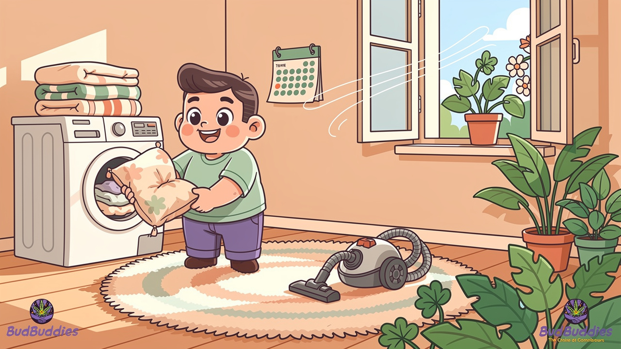 Cartoon home cleaning routine to keep spaces smelling fresh