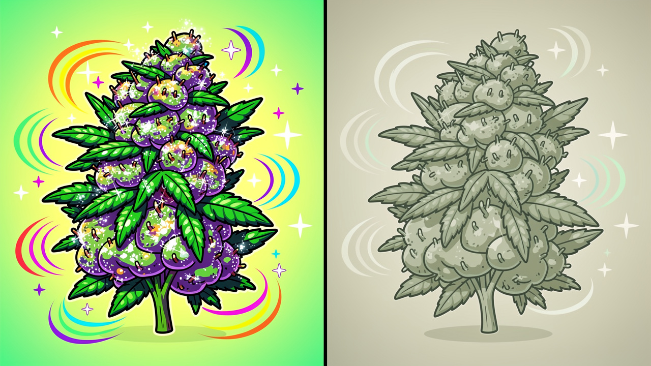 Cartoon comparison of loud pack versus standard cannabis quality