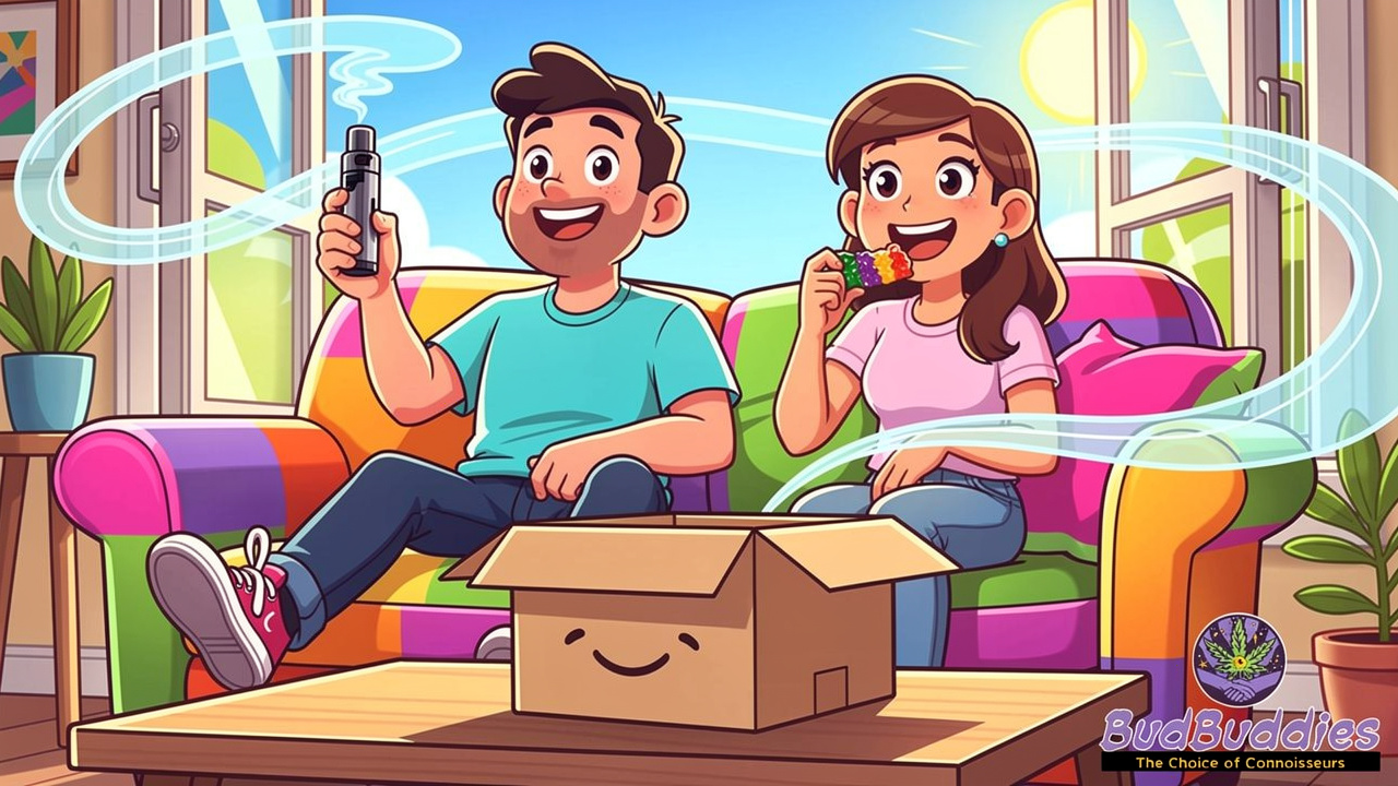 Cartoon flatmates using low-odour cannabis products together happily