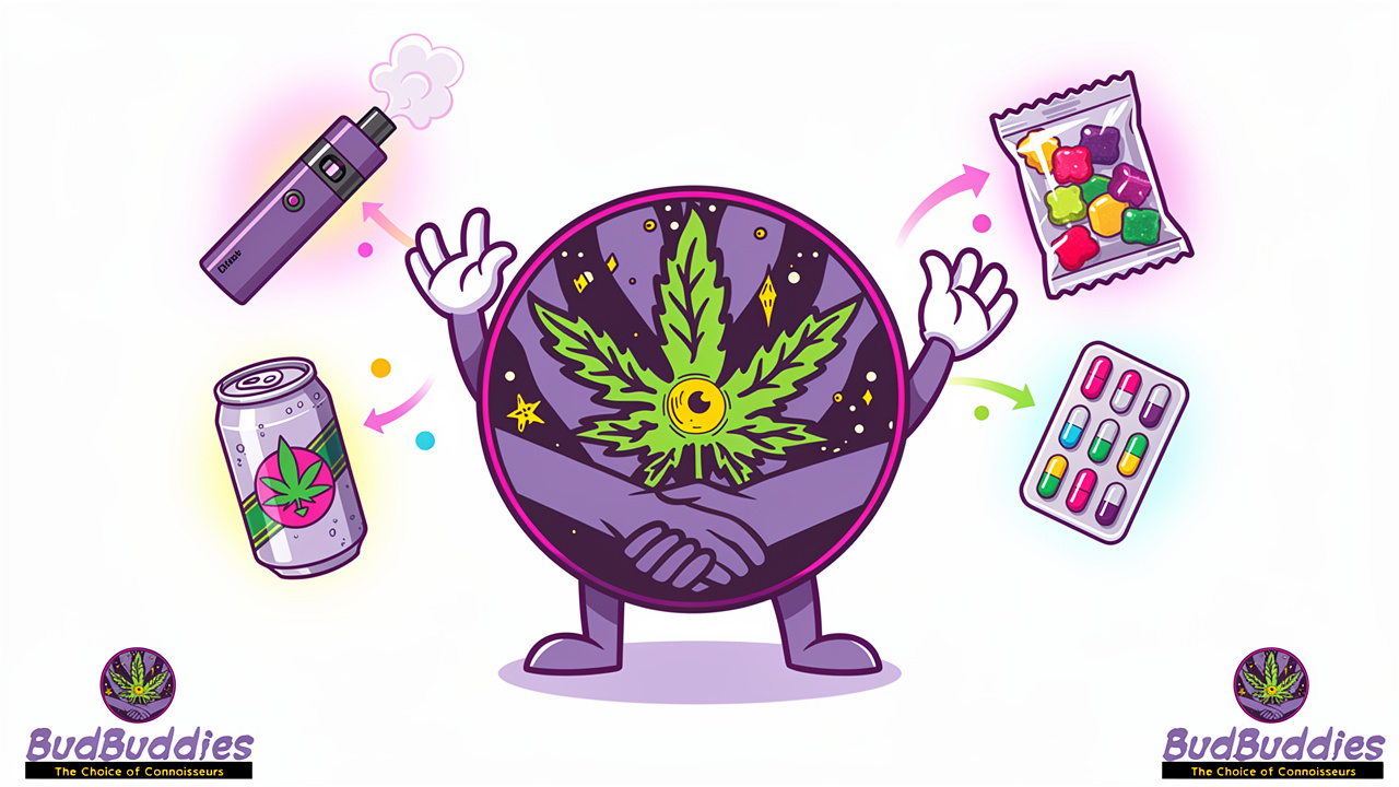 Cartoon character choosing low-odour cannabis formats in a flat
