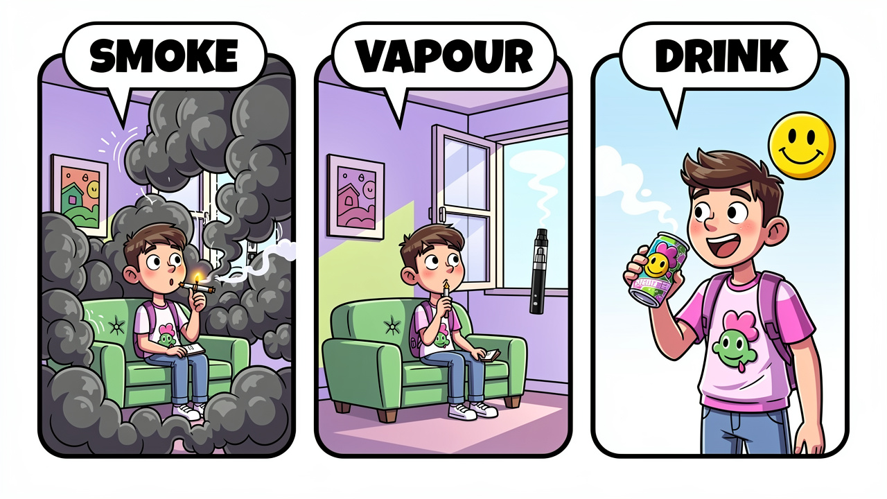 Cartoon comparing smoked joints, THC vapes and edible drinks for odour