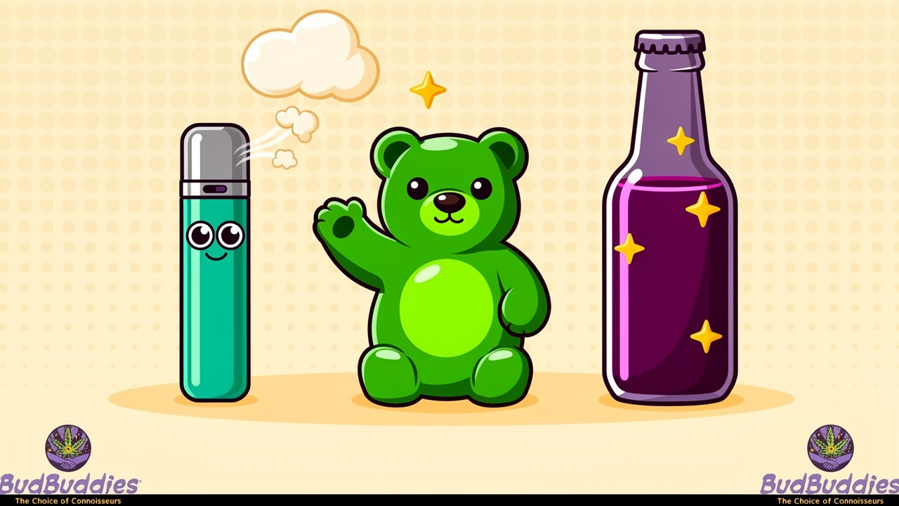 Cartoon comparison of low-odour cannabis vape, edible, and drink products
