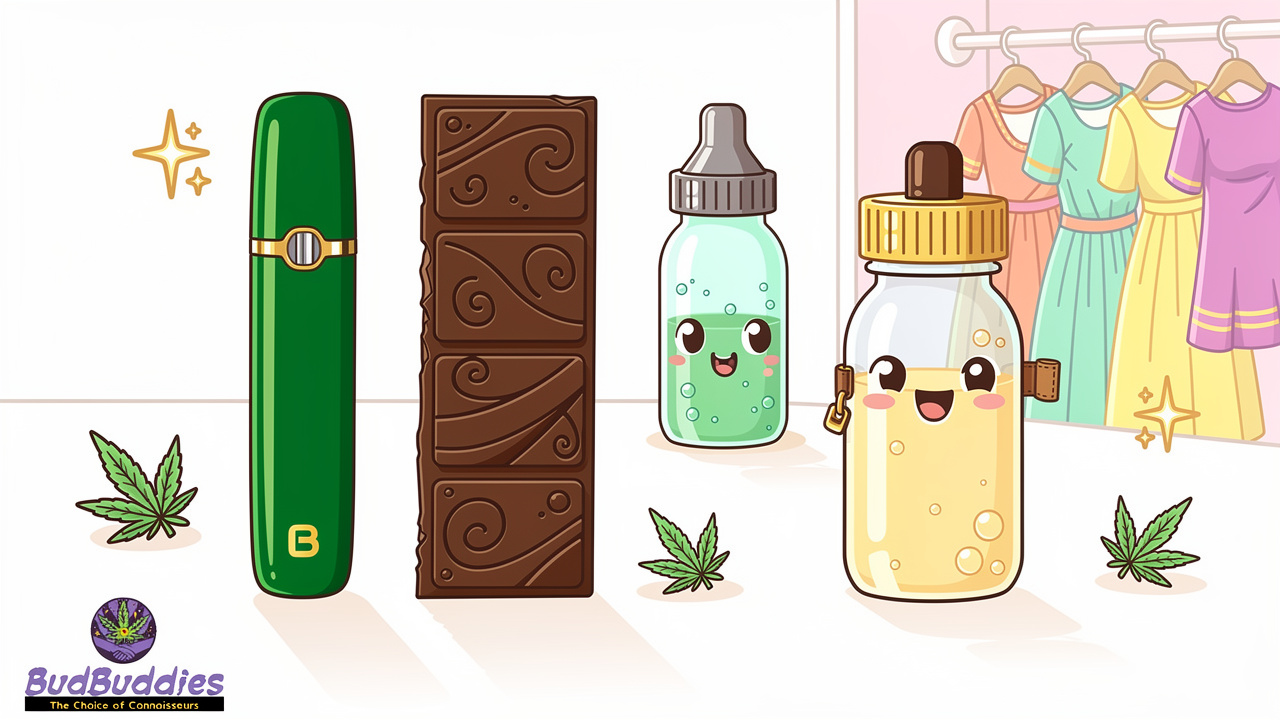 Cartoon low-odour cannabis vape pen, edibles, and drinks laid out