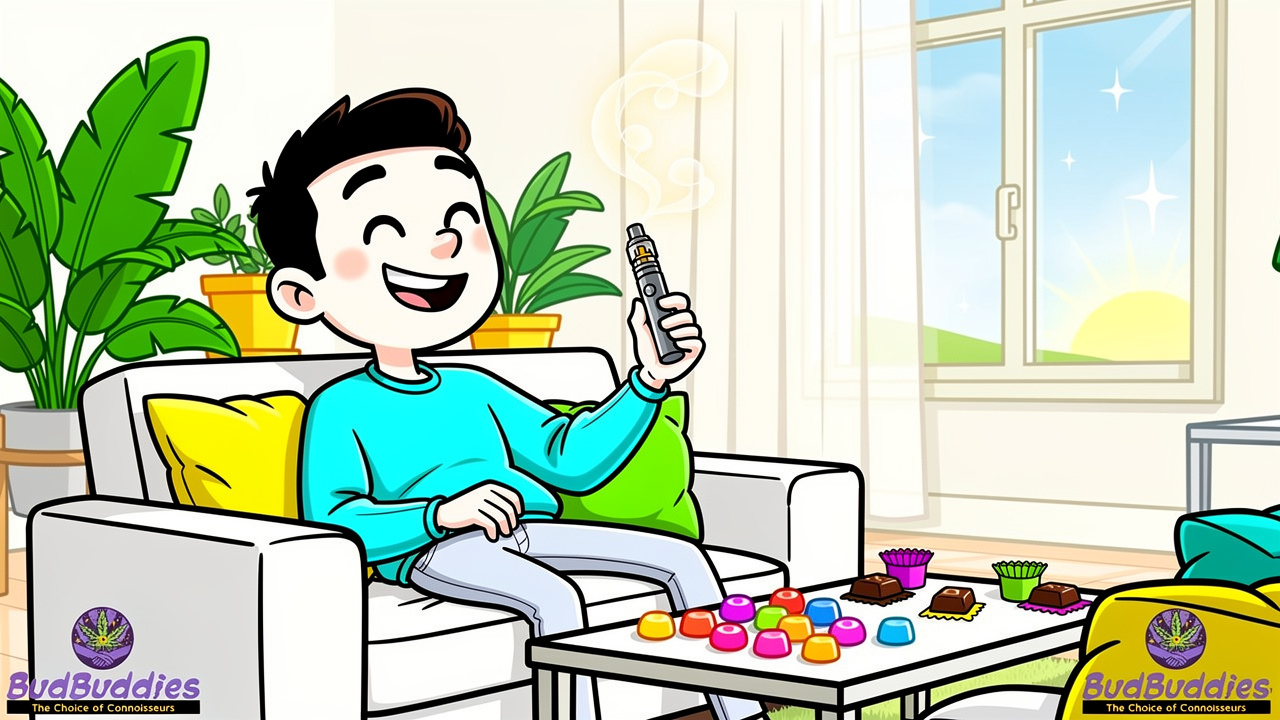 Cartoon character using low-odour vape and cannabis edibles discreetly