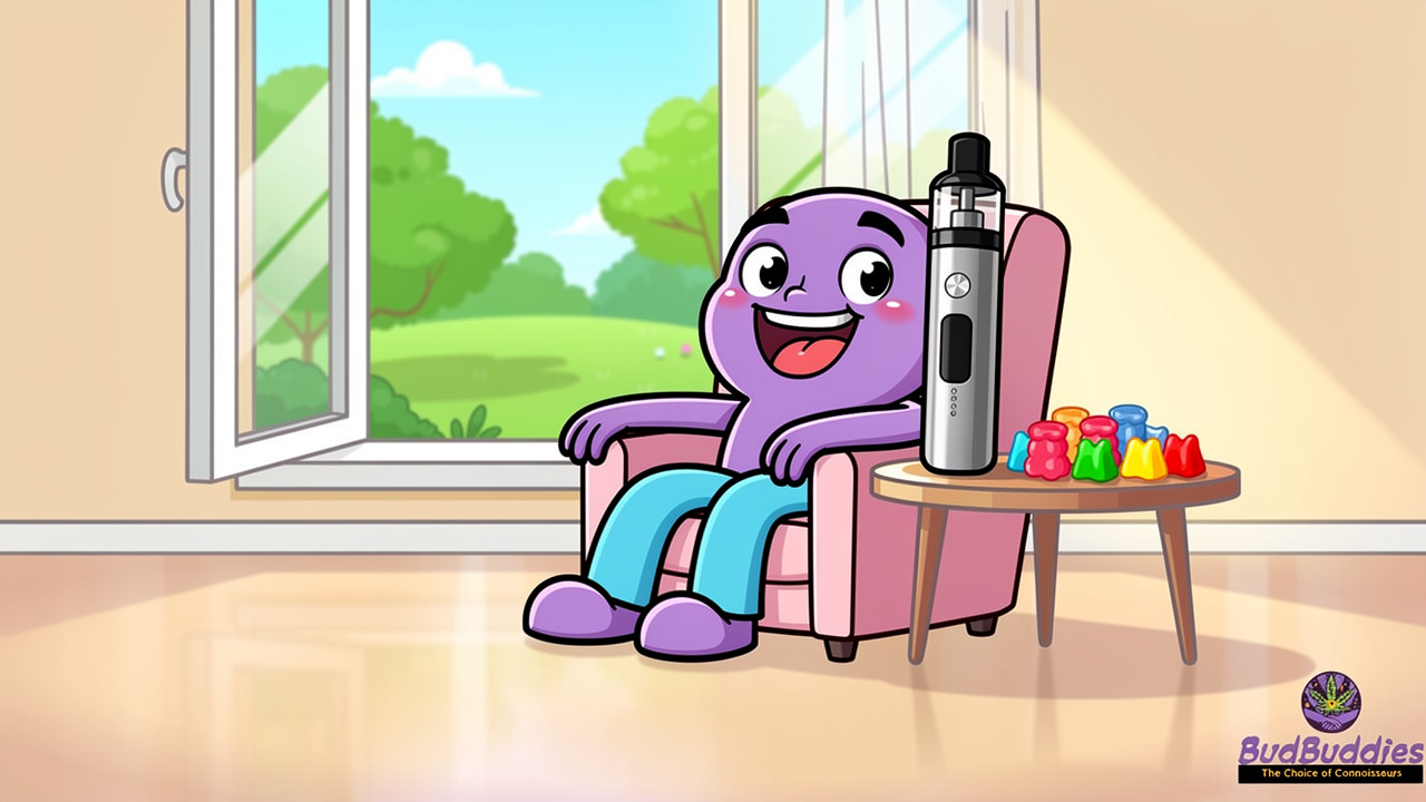 Cartoon character relaxing in fresh room with vape and edibles nearby