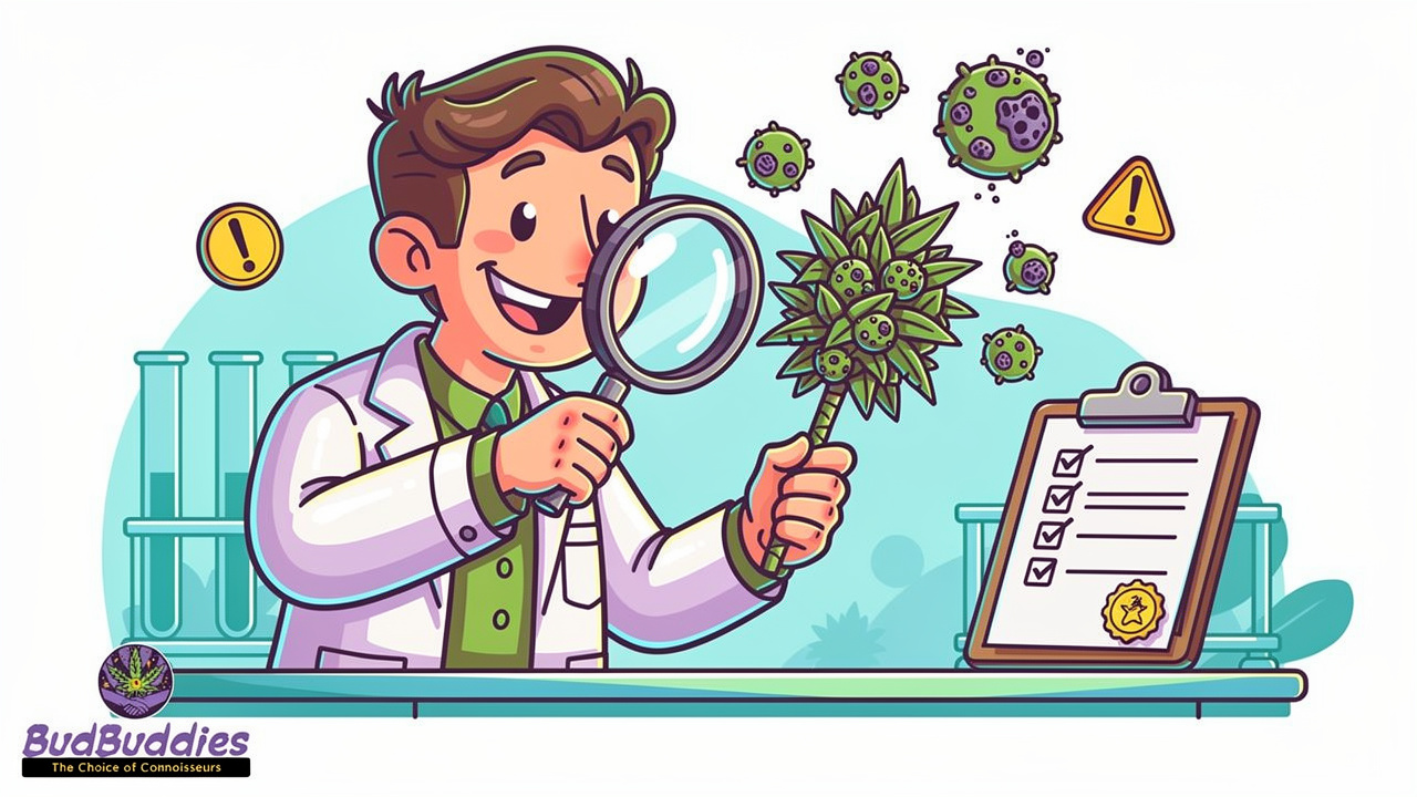 Cartoon scientist inspecting cannabis quality for headaches