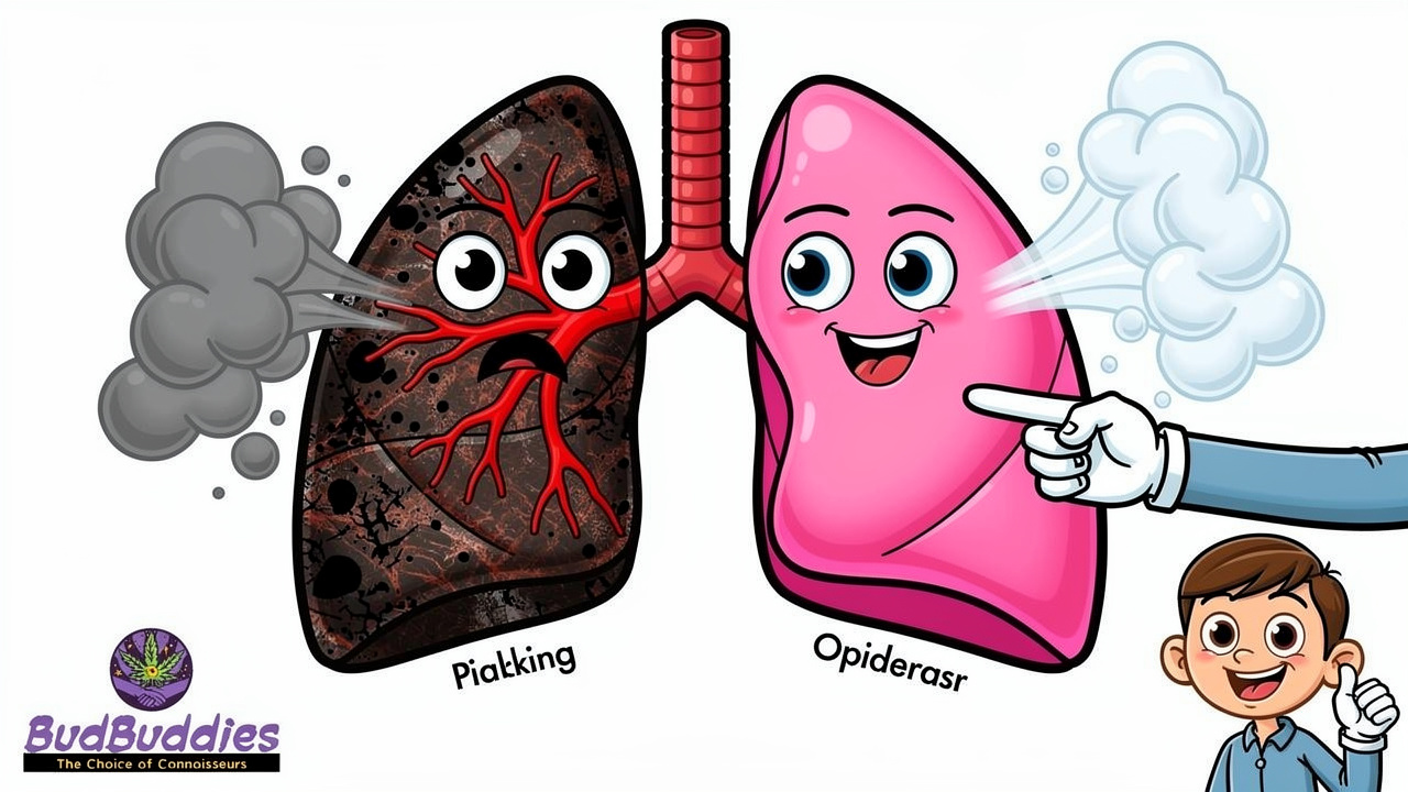 Cartoon diagram showing healthy lungs versus irritated lungs from smoking