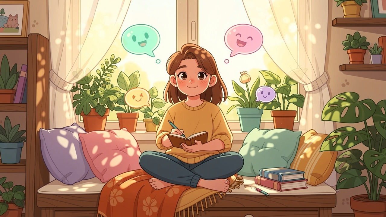 Cartoon character journalling peacefully about cannabis emotions in sunlight